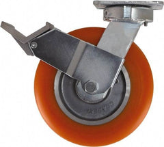 Caster Connection - 8" Diam x 2" Wide x 9-1/2" OAH Top Plate Mount Swivel Caster with Brake - Polyurethane, 1,200 Lb Capacity, Sealed Precision Ball Bearing, 4 x 4-1/2" Plate - Apex Tool & Supply