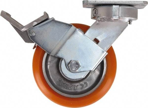 Caster Connection - 6" Diam x 2" Wide x 7-1/2" OAH Top Plate Mount Swivel Caster with Brake - Polyurethane, 1,000 Lb Capacity, Sealed Precision Ball Bearing, 4 x 4-1/2" Plate - Apex Tool & Supply