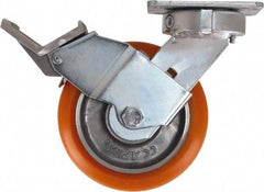 Caster Connection - 6" Diam x 2" Wide x 7-1/2" OAH Top Plate Mount Swivel Caster with Brake - Polyurethane, 1,000 Lb Capacity, Sealed Precision Ball Bearing, 4 x 4-1/2" Plate - Apex Tool & Supply