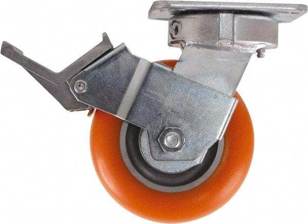 Caster Connection - 5" Diam x 2" Wide x 6-1/2" OAH Top Plate Mount Swivel Caster with Brake - Polyurethane, 750 Lb Capacity, Sealed Precision Ball Bearing, 4 x 4-1/2" Plate - Apex Tool & Supply