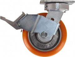 Caster Connection - 6" Diam x 2" Wide x 7-1/2" OAH Top Plate Mount Swivel Caster with Brake - Polyurethane, 1,000 Lb Capacity, Sealed Precision Ball Bearing, 4 x 4-1/2" Plate - Apex Tool & Supply