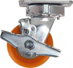 Caster Connection - 4" Diam x 2" Wide x 5-5/8" OAH Top Plate Mount Swivel Caster with Brake - Polyurethane, 700 Lb Capacity, Sealed Precision Ball Bearing, 4 x 4-1/2" Plate - Apex Tool & Supply