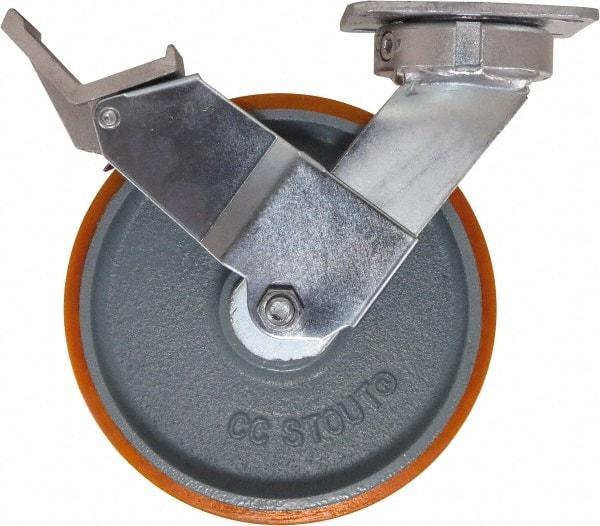 Caster Connection - 8" Diam x 2" Wide x 9-1/2" OAH Top Plate Mount Swivel Caster with Brake - Polyurethane, 1,500 Lb Capacity, Sealed Precision Ball Bearing, 4 x 4-1/2" Plate - Apex Tool & Supply