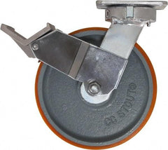 Caster Connection - 8" Diam x 2" Wide x 9-1/2" OAH Top Plate Mount Swivel Caster with Brake - Polyurethane, 1,500 Lb Capacity, Sealed Precision Ball Bearing, 4 x 4-1/2" Plate - Apex Tool & Supply
