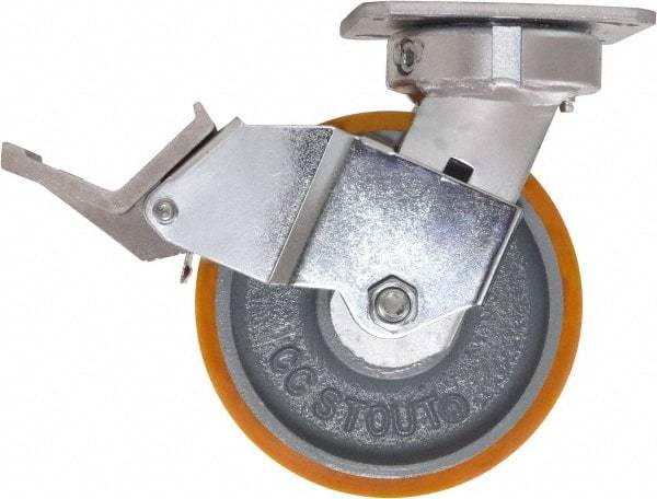 Caster Connection - 6" Diam x 2" Wide x 7-1/2" OAH Top Plate Mount Swivel Caster with Brake - Polyurethane, 1,250 Lb Capacity, Sealed Precision Ball Bearing, 4 x 4-1/2" Plate - Apex Tool & Supply