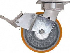 Caster Connection - 6" Diam x 2" Wide x 7-1/2" OAH Top Plate Mount Swivel Caster with Brake - Polyurethane, 1,250 Lb Capacity, Sealed Precision Ball Bearing, 4 x 4-1/2" Plate - Apex Tool & Supply
