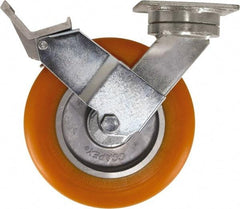 Caster Connection - 8" Diam x 2" Wide x 9-1/2" OAH Top Plate Mount Swivel Caster with Brake - Polyurethane, 1,200 Lb Capacity, Sealed Precision Ball Bearing, 4 x 4-1/2" Plate - Apex Tool & Supply
