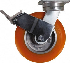 Caster Connection - 8" Diam x 2" Wide x 9-1/2" OAH Top Plate Mount Swivel Caster with Brake - Polyurethane, 1,200 Lb Capacity, Sealed Precision Ball Bearing, 4 x 4-1/2" Plate - Apex Tool & Supply