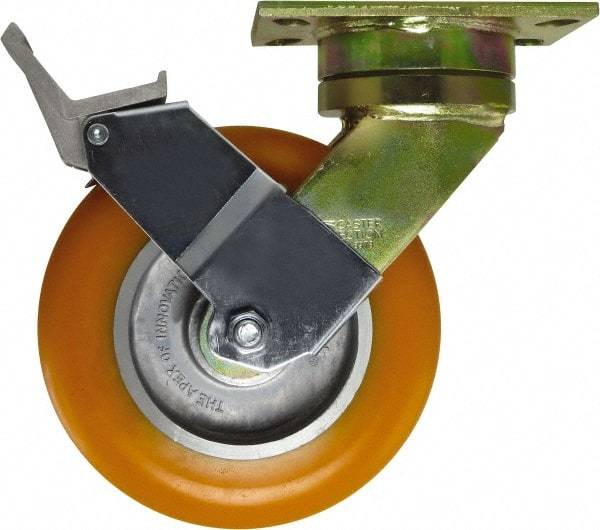 Caster Connection - 8" Diam x 1-1/4" Wide x 10-1/8" OAH Top Plate Mount Swivel Caster with Brake - Polyurethane, 1,200 Lb Capacity, Sealed Precision Ball Bearing, 4-1/2 x 6-1/4" Plate - Apex Tool & Supply