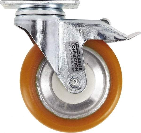 Caster Connection - 5" Diam x 1-1/4" Wide x 6-1/4" OAH Top Plate Mount Swivel Caster with Brake - Polyurethane, 450 Lb Capacity, Sealed Precision Ball Bearing, 2-3/8 x 3-5/8" Plate - Apex Tool & Supply