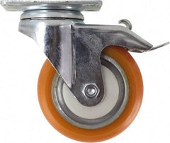 Caster Connection - 4" Diam x 1-1/4" Wide x 5-1/8" OAH Top Plate Mount Swivel Caster with Brake - Polyurethane, 400 Lb Capacity, Sealed Precision Ball Bearing, 2-3/8 x 3-5/8" Plate - Apex Tool & Supply
