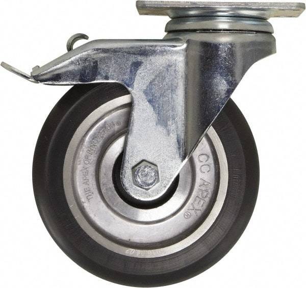 Caster Connection - 5" Diam x 1-1/4" Wide x 6-1/4" OAH Top Plate Mount Swivel Caster with Brake - Polyurethane, 450 Lb Capacity, Sealed Precision Ball Bearing, 2-3/8 x 3-5/8" Plate - Apex Tool & Supply