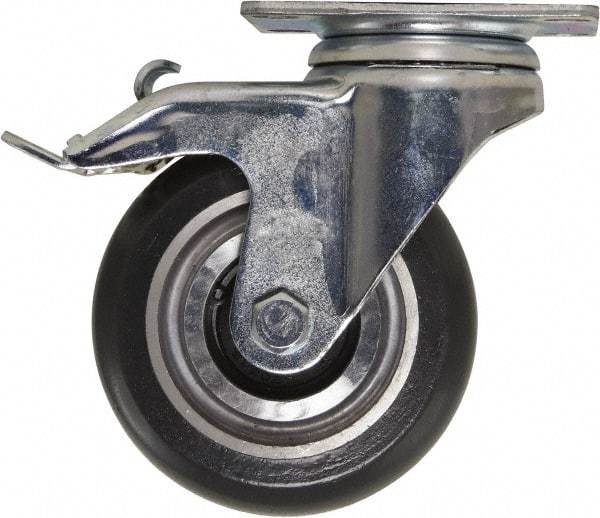 Caster Connection - 4" Diam x 1-1/4" Wide x 5-1/8" OAH Top Plate Mount Swivel Caster with Brake - Polyurethane, 400 Lb Capacity, Sealed Precision Ball Bearing, 2-3/8 x 3-5/8" Plate - Apex Tool & Supply