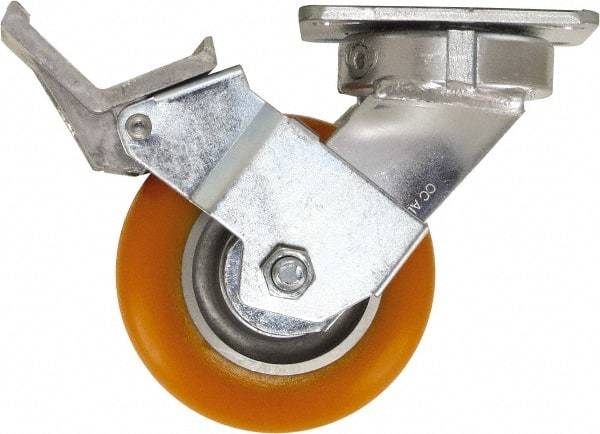 Caster Connection - 5" Diam x 2" Wide x 6-1/2" OAH Top Plate Mount Swivel Caster with Brake - Polyurethane, 750 Lb Capacity, Sealed Precision Ball Bearing, 4 x 4-1/2" Plate - Apex Tool & Supply