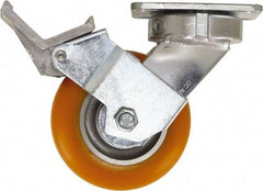 Caster Connection - 5" Diam x 2" Wide x 6-1/2" OAH Top Plate Mount Swivel Caster with Brake - Polyurethane, 750 Lb Capacity, Sealed Precision Ball Bearing, 4 x 4-1/2" Plate - Apex Tool & Supply