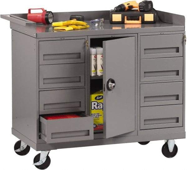 Tennsco - 1,000 Lb Capacity, 1 Shelf, 8 Drawer, 1 Door Mobile Bench - 45" Wide x 25" Deep x 43" High, Steel - Apex Tool & Supply