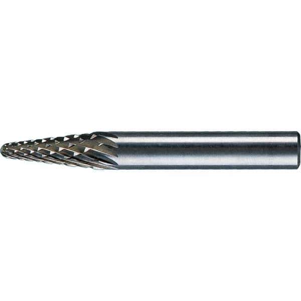 PFERD - 1/4" Cut Diam, 1/4" Shank Diam, 14° Taper Head Diamond Cut Burr - Tungsten Carbide, 5/8" LOC, 1-15/16" OAL - Apex Tool & Supply