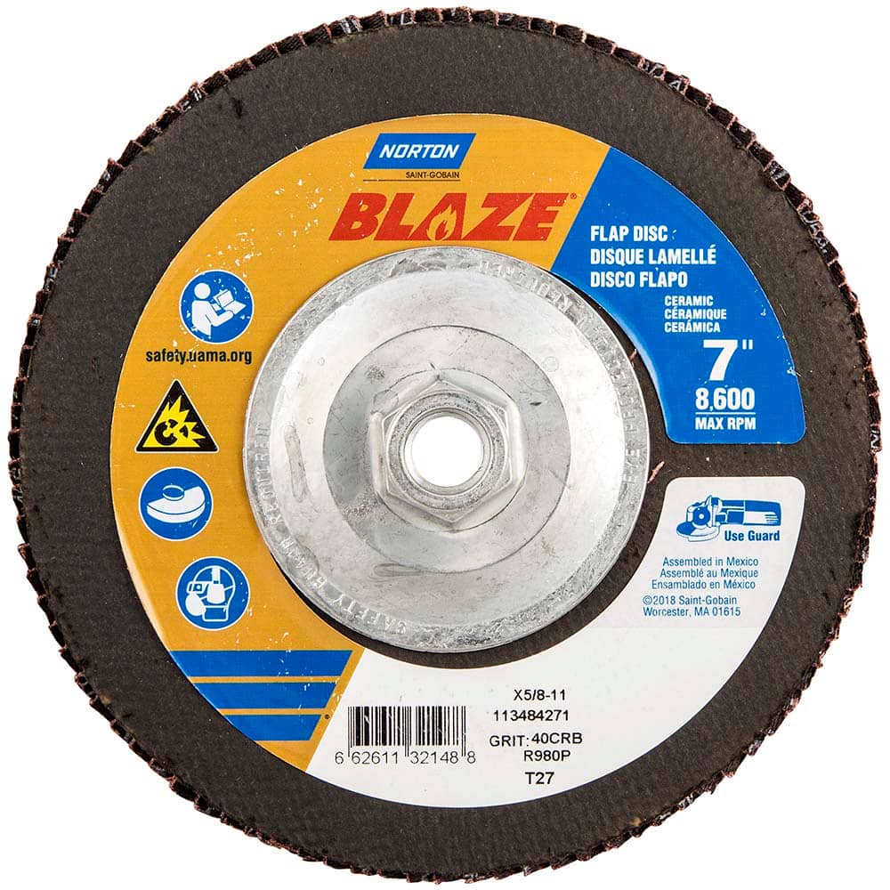 Norton - 7" 40 Grit 5/8-11 Center Hole Type 27 Ceramic Alumina Flap Disc - Apex Tool & Supply