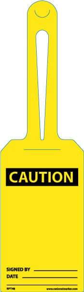 NMC - 11-1/4" High x 3-1/4" Long, CAUTION - SIGNED BY ______ DATE _____, English Safety & Facility Tag - Tag Header: CAUTION, 1 Side, White Unrippable Vinyl - Apex Tool & Supply