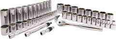 Proto - 50 Piece 3/8" & 1/2" Drive Chrome Finish Deep Well Socket Set - 6, 12 Points, 5/16" to 1-1/2" Range, Inch Measurement Standard - Apex Tool & Supply