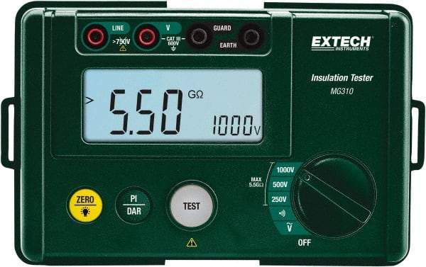 Extech - Digital LCD Display, 0.002 Megohm Electrical Insulation Resistance Tester & Megohmmeter - 1,000 Volt Max Test Voltage, Powered by AA Battery - Apex Tool & Supply