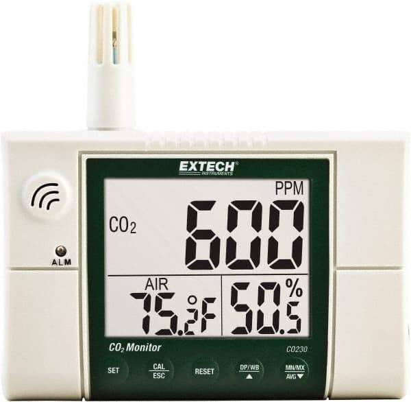 Extech - Visual, Audible Alarm, LCD Display, Indoor Air Quality Monitor - Monitors Carbon Dioxide - Apex Tool & Supply
