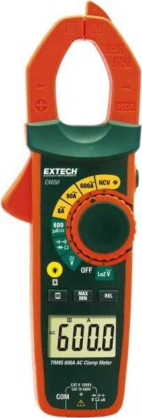 Extech - EX650, CAT III, Digital True RMS Auto Ranging Clamp Meter with 1.18" Clamp On Jaws - 750 VAC, 1000 VDC, 600 AC Amps, Measures Voltage, Capacitance, Continuity, Current, Resistance - Apex Tool & Supply