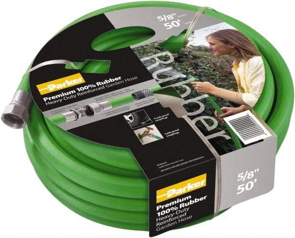 Parker - 50' Long Garden Hose - 5/8" Diam, 3/4" GHT, Rubber, 125 psi, Green - Apex Tool & Supply