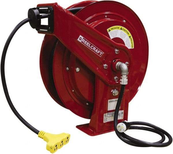 Reelcraft - 12 AWG, 75' Cable Length, Cord & Cable Reel with Triple-Tap Outlet End - 3 Outlets, NEMA 5-15R, 15 Amps, 125 Volts, SEOOW Cable, Red Reel, Spring Driven Reel - Apex Tool & Supply