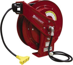 Reelcraft - 12 AWG, 75' Cable Length, Cord & Cable Reel with Triple-Tap Outlet End - 3 Outlets, NEMA 5-15R, 15 Amps, 125 Volts, SEOOW Cable, Red Reel, Spring Driven Reel - Apex Tool & Supply