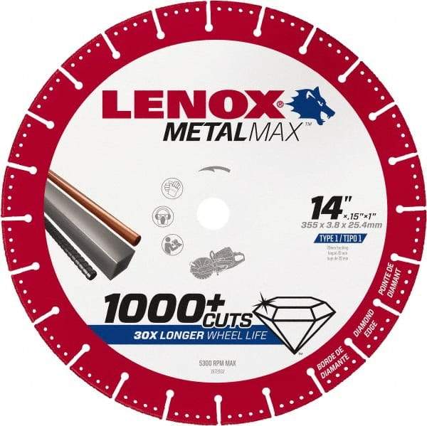 Lenox - 14" 25/30 Grit Diamond Cutoff Wheel - 0.15" Thick, 1" Arbor, 5,300 Max RPM, Use with Gas Powered Saws - Apex Tool & Supply