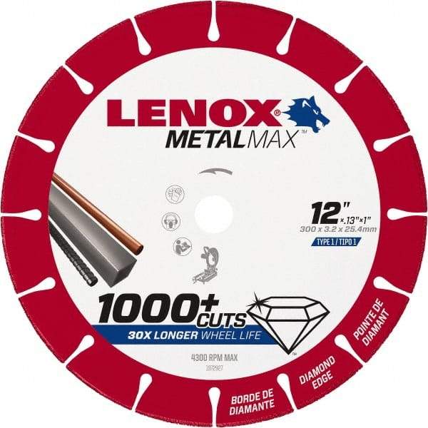 Lenox - 12" 25/30 Grit Diamond Cutoff Wheel - 0.126" Thick, 1" Arbor, 4,300 Max RPM, Use with Stationary Tools - Apex Tool & Supply