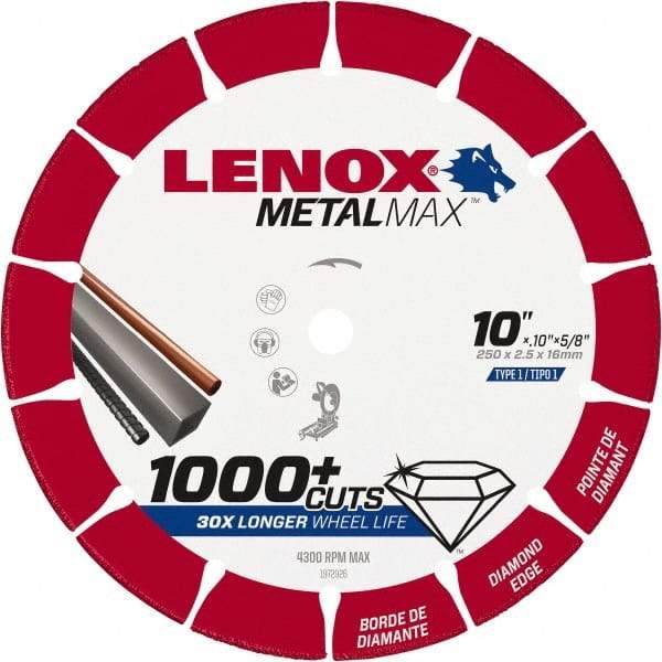 Lenox - 10" 25/30 Grit Diamond Cutoff Wheel - 0.114" Thick, 5/8" Arbor, 4,300 Max RPM, Use with Stationary Tools - Apex Tool & Supply