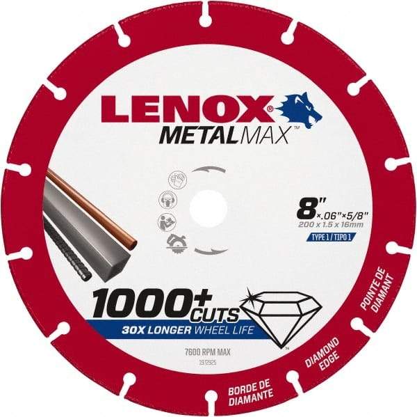 Lenox - 8" 40/50 Grit Diamond Cutoff Wheel - 0.06" Thick, 5/8" Arbor, 7,600 Max RPM, Use with Circular Saws - Apex Tool & Supply