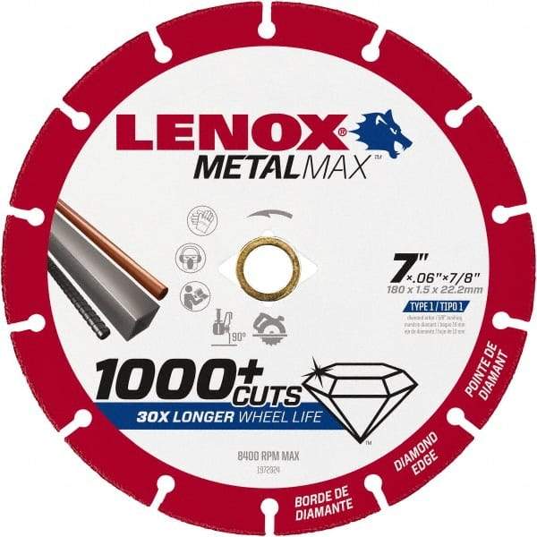 Lenox - 7" 40/50 Grit Diamond Cutoff Wheel - 0.06" Thick, 7/8" Arbor, 8,400 Max RPM, Use with Angle Grinders - Apex Tool & Supply
