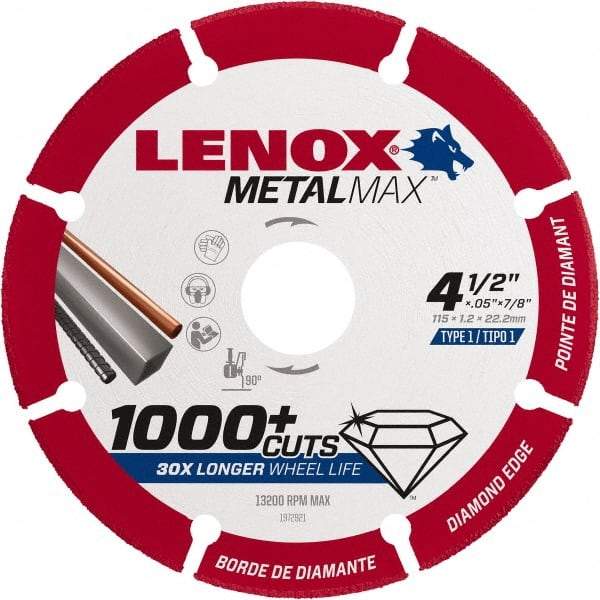 Lenox - 4-1/2" 40/50 Grit Diamond Cutoff Wheel - 0.05" Thick, 7/8" Arbor, 13,200 Max RPM, Use with Angle Grinders - Apex Tool & Supply
