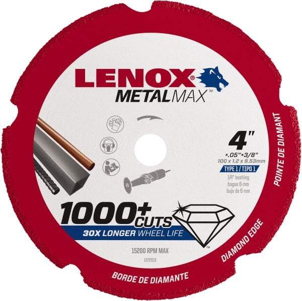 Lenox - 4" 40/50 Grit Diamond Cutoff Wheel - 0.05" Thick, 3/8" Arbor, 15,200 Max RPM, Use with Die Grinders - Apex Tool & Supply