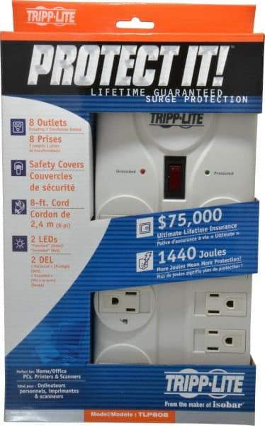 Tripp-Lite - 8 Outlets, 120 Volts, 15 Amps, 8' Cord, Power Outlet Strip - Free Hanging, Keyhole Mount, 5-15P NEMA Configuration, 9.55" Strip, UL1449 3rd Edition - Apex Tool & Supply
