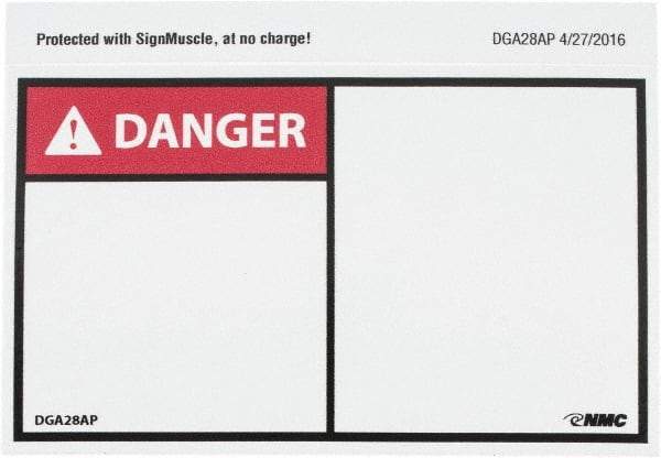 NMC - Accident Prevention Label, Header: DANGER - Legend: DANGER, English, Red, Black & White, 5" Long x 3" High, Sign Muscle Finish - Apex Tool & Supply