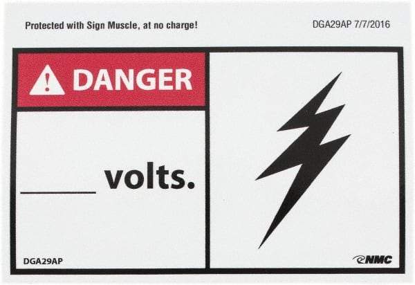 NMC - Accident Prevention Label, Header: DANGER - Legend: Danger - ____ Volts, English, Red, Black & White, 5" Long x 3" High, Sign Muscle Finish - Apex Tool & Supply