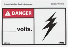 NMC - Accident Prevention Label, Header: DANGER - Legend: Danger - ____ Volts, English, Red, Black & White, 5" Long x 3" High, Sign Muscle Finish - Apex Tool & Supply