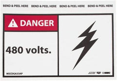 NMC - Accident Prevention Label, Header: DANGER - Legend: Danger - 480 Volts, English, Red, Black & White, 5" Long x 3" High, Sign Muscle Finish - Apex Tool & Supply