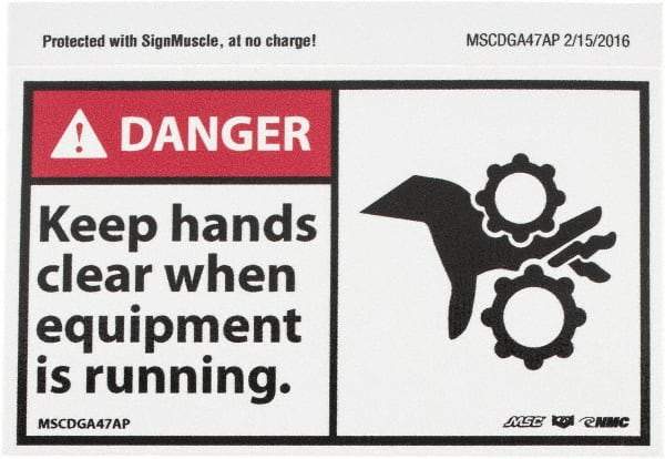 NMC - Accident Prevention Label, Header: DANGER - Legend: Danger - Keep Hands Clear When Equipment Is Running, English, Red, Black & White, 5" Long x 3" High, Sign Muscle Finish - Apex Tool & Supply