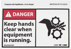 NMC - Accident Prevention Label, Header: DANGER - Legend: Danger - Keep Hands Clear When Equipment Is Running, English, Red, Black & White, 5" Long x 3" High, Sign Muscle Finish - Apex Tool & Supply