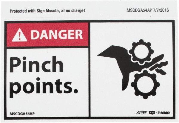 NMC - Accident Prevention Label, Header: DANGER - Legend: Danger - Pinch Points, English, Red, Black & White, 5" Long x 3" High, Sign Muscle Finish - Apex Tool & Supply