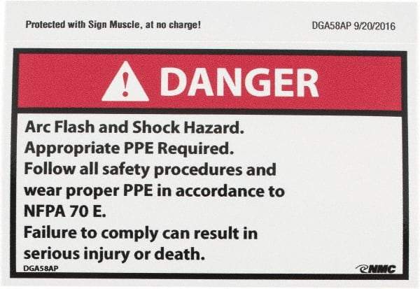 NMC - Accident Prevention Label, Header: DANGER - Legend: Danger - Arc Flash and Shock Hazard - Appropriate Pipe Required - Follow All Safety Procedures and Wear Proper PPE..., English, Red, Black & White, 5" Long x 3" High, Sign Muscle Finish - Apex Tool & Supply