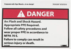 NMC - Accident Prevention Label, Header: DANGER - Legend: Danger - Arc Flash and Shock Hazard - Appropriate Pipe Required - Follow All Safety Procedures and Wear Proper PPE..., English, Red, Black & White, 5" Long x 3" High, Sign Muscle Finish - Apex Tool & Supply