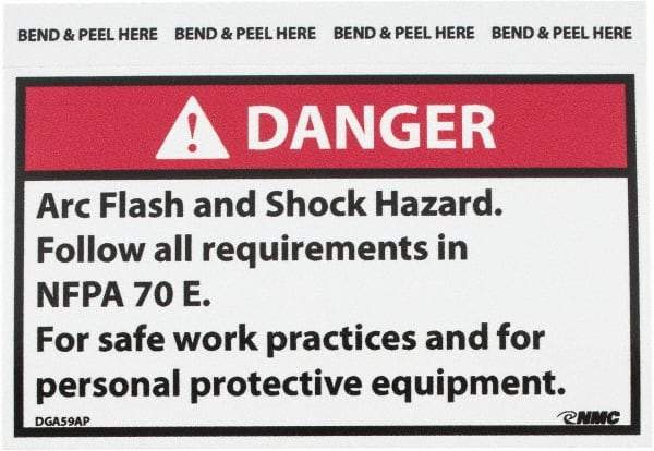 NMC - Accident Prevention Label, Header: DANGER - Legend: Danger - Arc Flash and Shock Hazard - Follow All Requirements in NFPA 70e for Safe Work Practices and for Personal..., English, Red, Black & White, 5" Long x 3" High, Sign Muscle Finish - Apex Tool & Supply