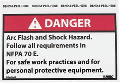 NMC - Accident Prevention Label, Header: DANGER - Legend: Danger - Arc Flash and Shock Hazard - Follow All Requirements in NFPA 70e for Safe Work Practices and for Personal..., English, Red, Black & White, 5" Long x 3" High, Sign Muscle Finish - Apex Tool & Supply