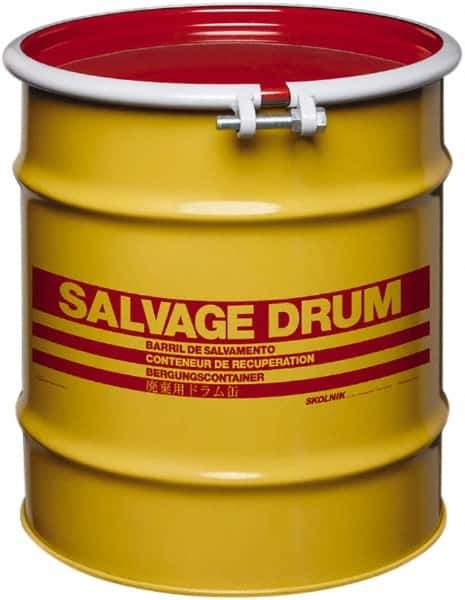 Made in USA - 20 Gallon Yellow with Red Cover Carbon Steel Open Head Drum - 19-1/4" High x 18-1/4" Diam - Apex Tool & Supply